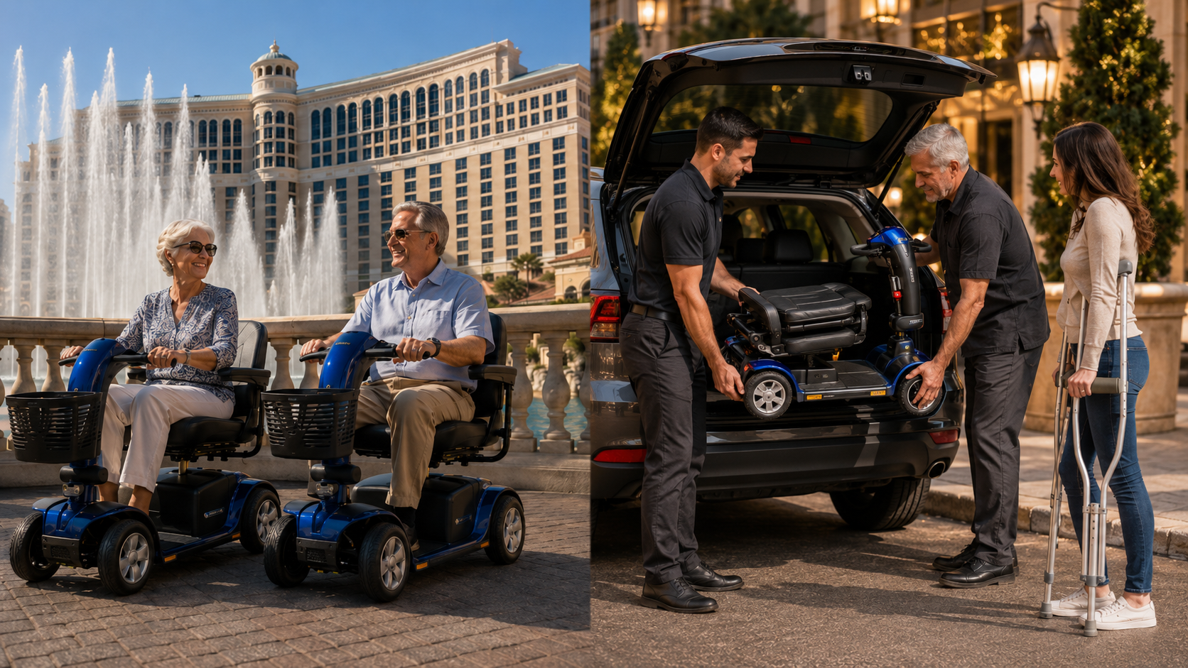 Happy customers using mobility scooters by the Bellagio fountains in Las Vegas, and delivery staff loading a scooter